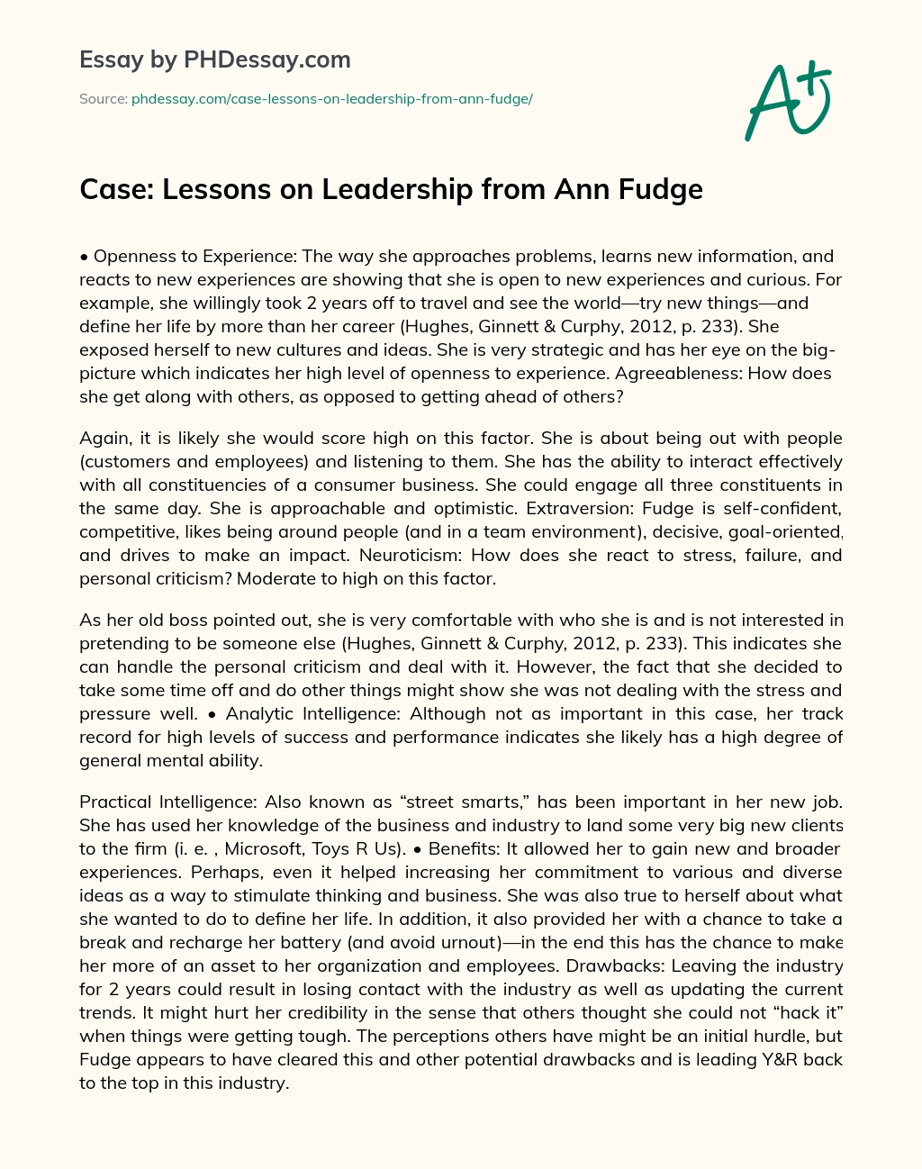 Case: Lessons on Leadership from Ann Fudge essay