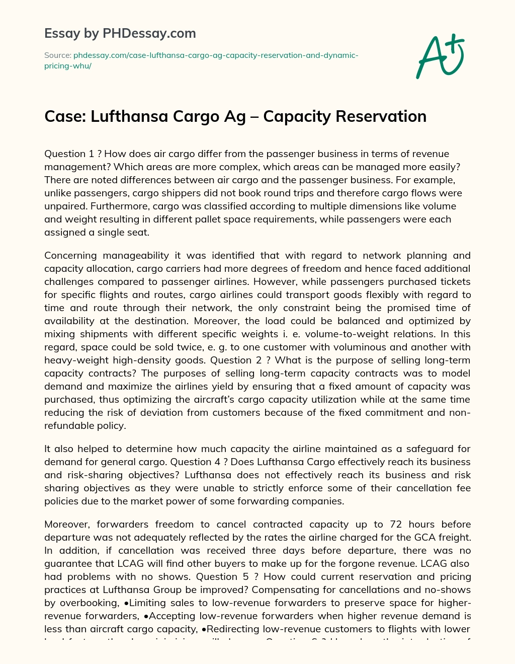 Case: Lufthansa Cargo Ag – Capacity Reservation essay
