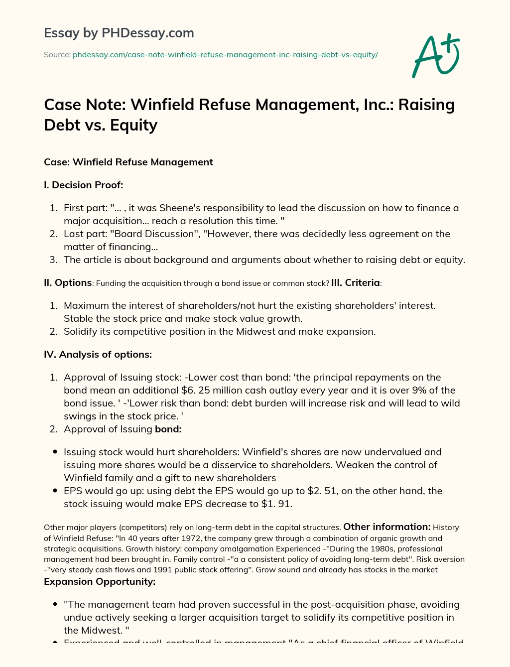 Case Note: Winfield Refuse Management, Inc.: Raising Debt vs. Equity essay