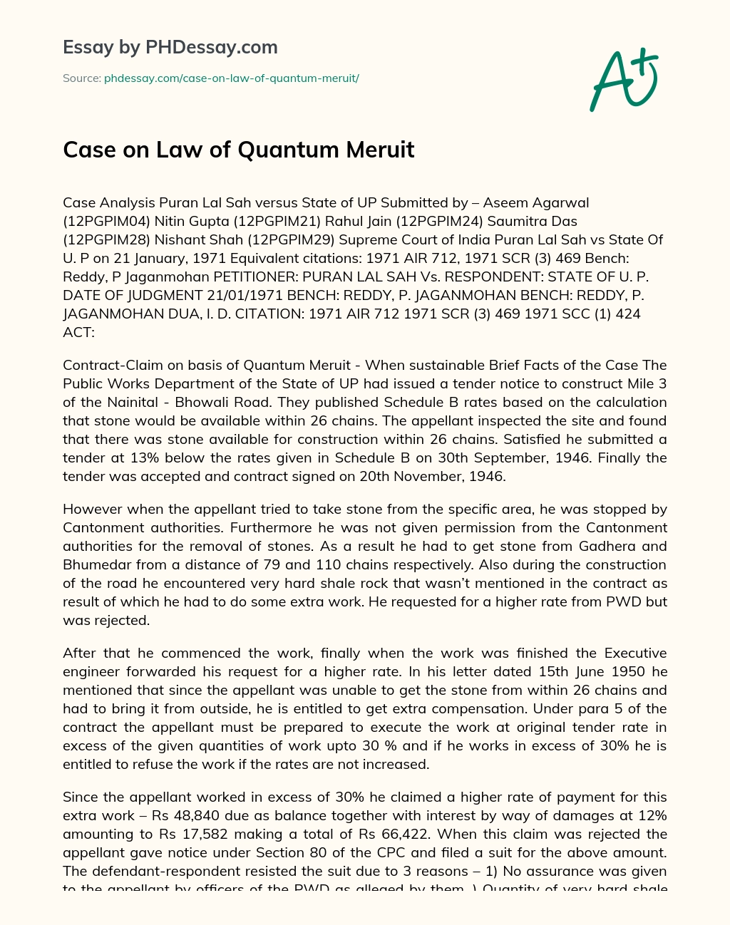 Case on Law of Quantum Meruit essay