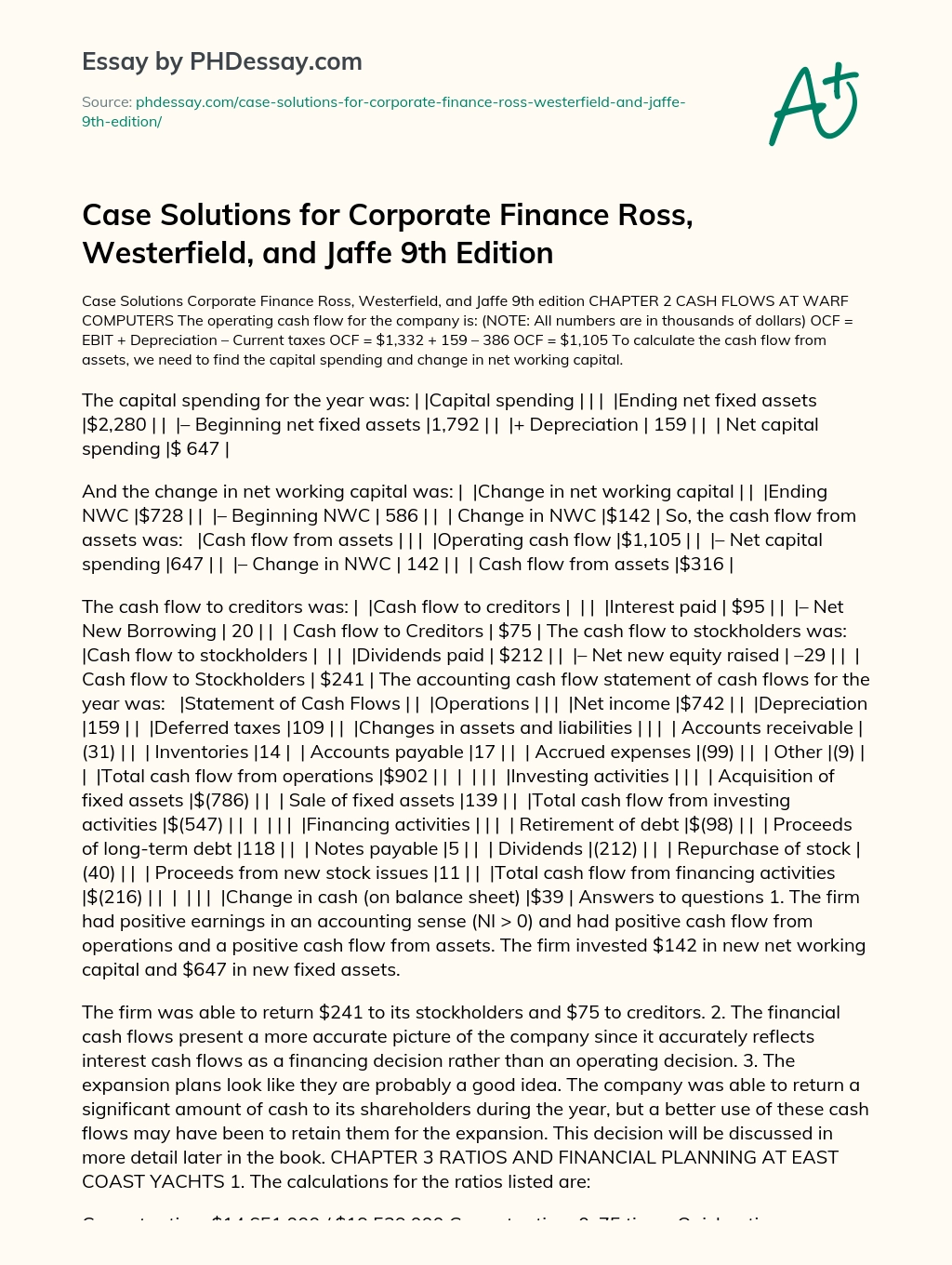 Case Solutions for Corporate Finance Ross, Westerfield, and Jaffe 9th Edition essay