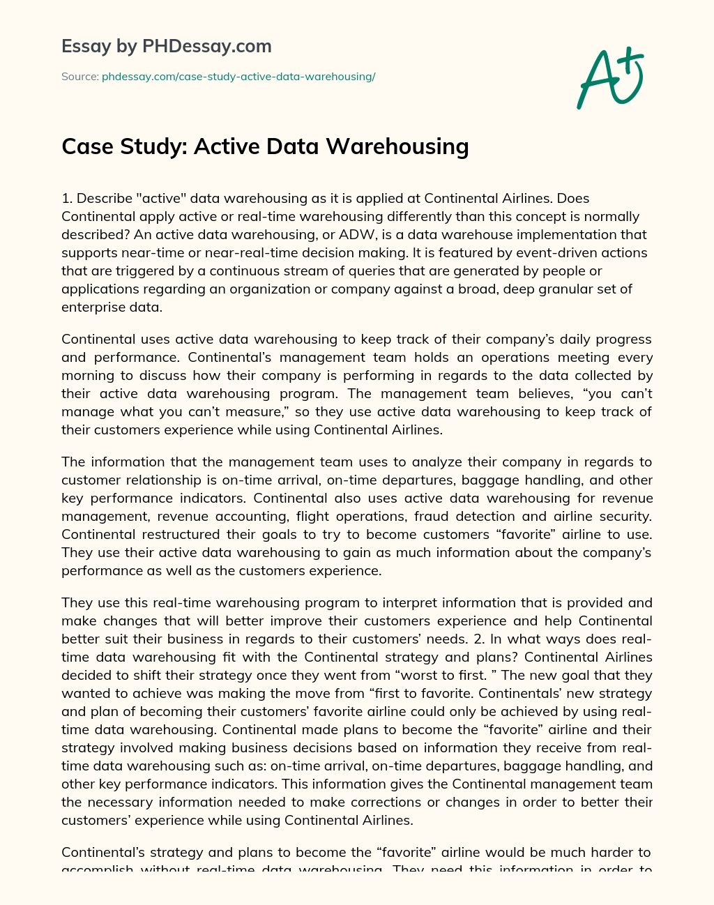 Case Study: Active Data Warehousing essay