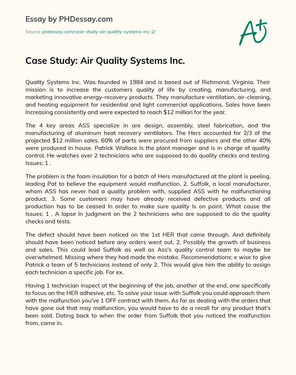 Case Study: Air Quality Systems Inc. essay