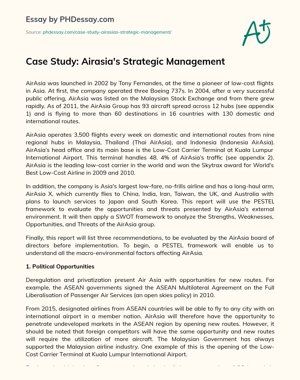 Case Study: Airasia’s Strategic Management essay