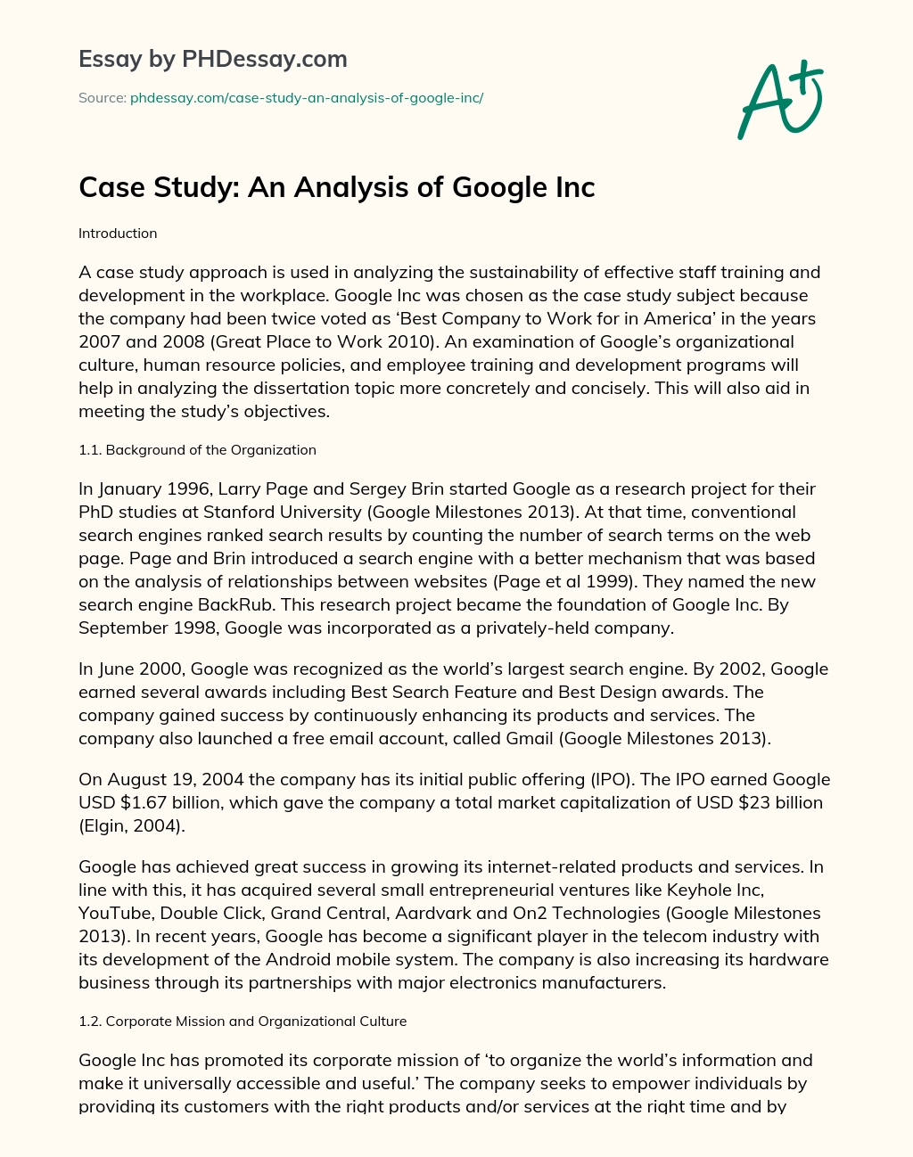 Case Study: An Analysis of Google Inc essay