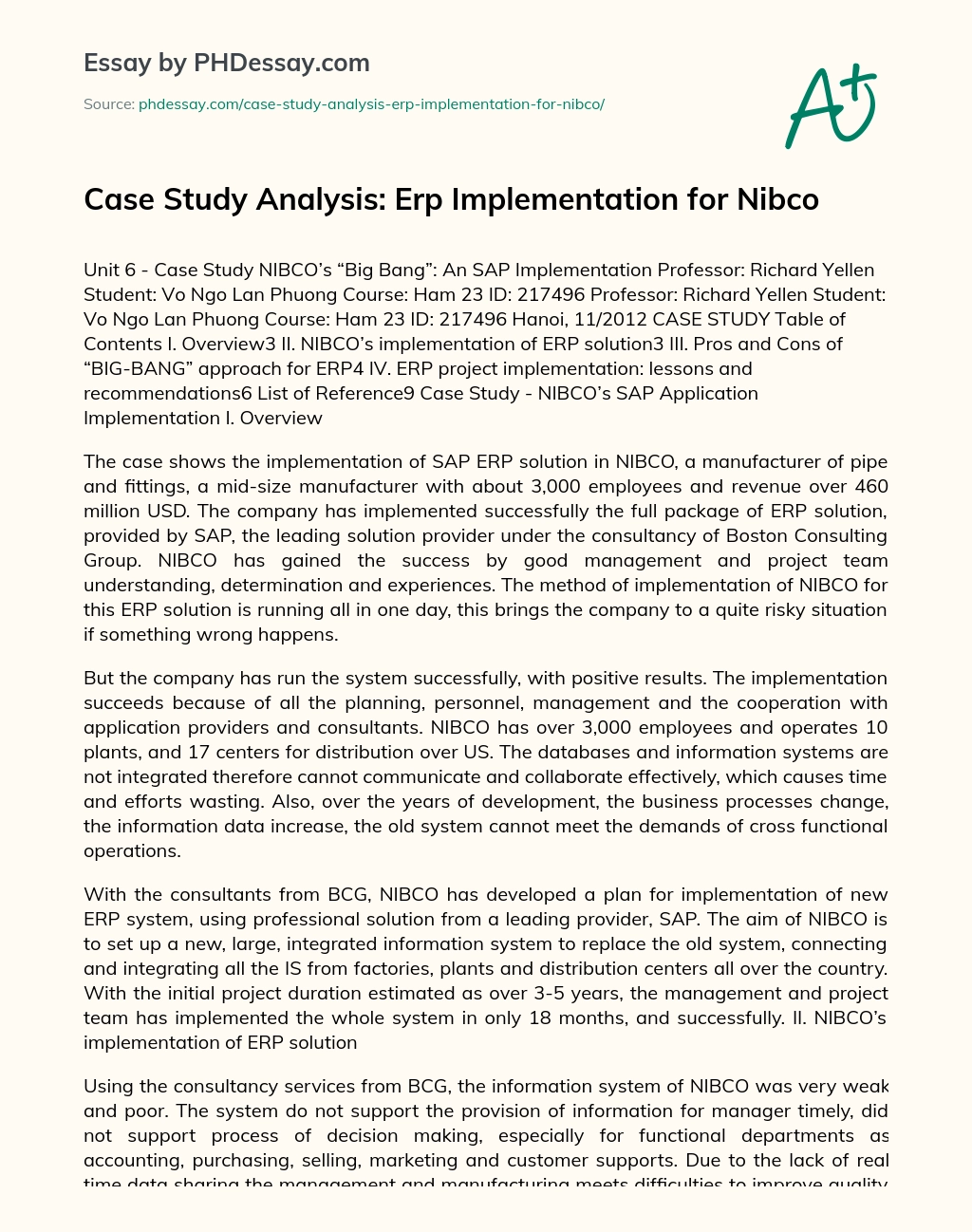 Case Study Analysis: Erp Implementation for Nibco essay