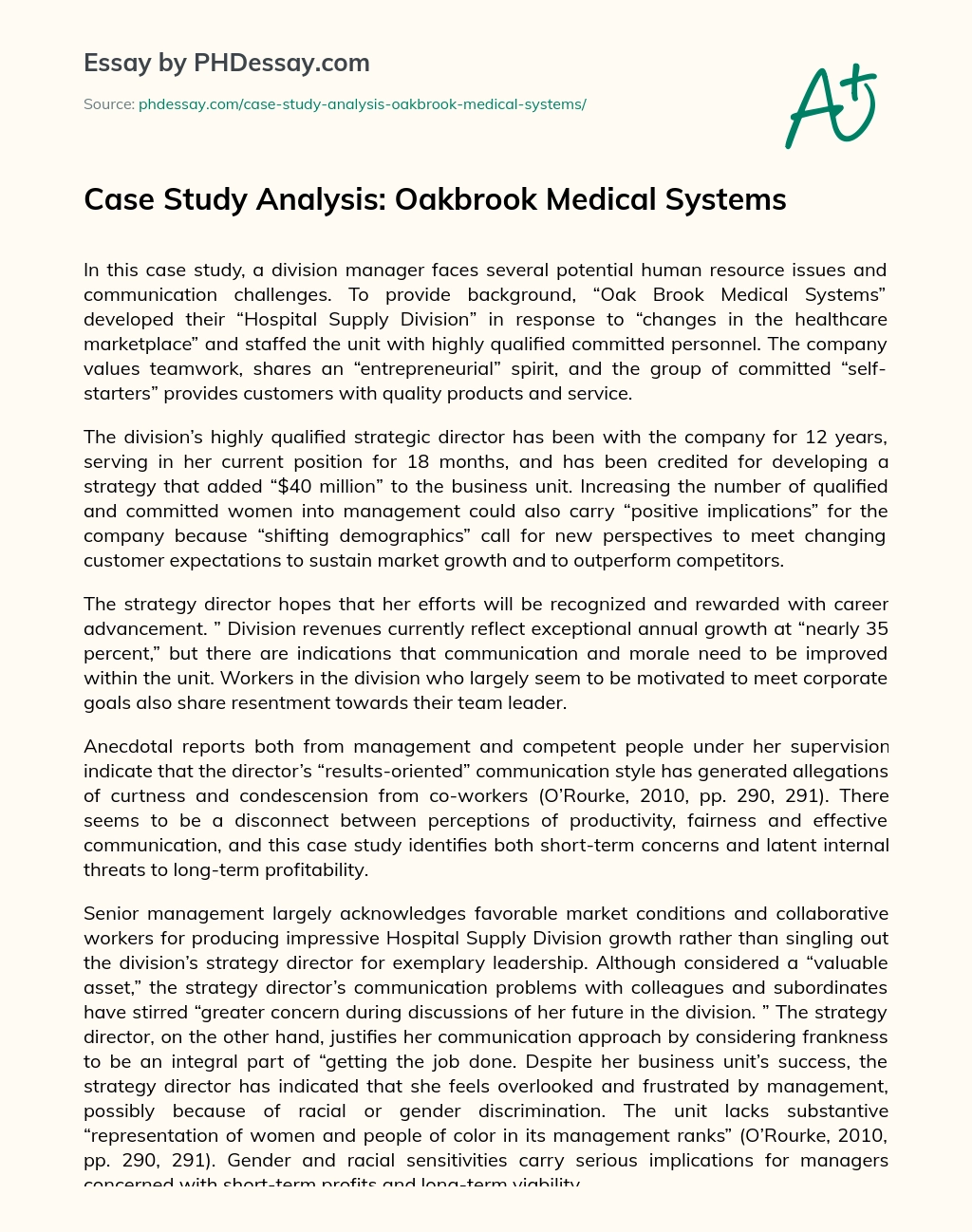 Case Study Analysis: Oakbrook Medical Systems essay