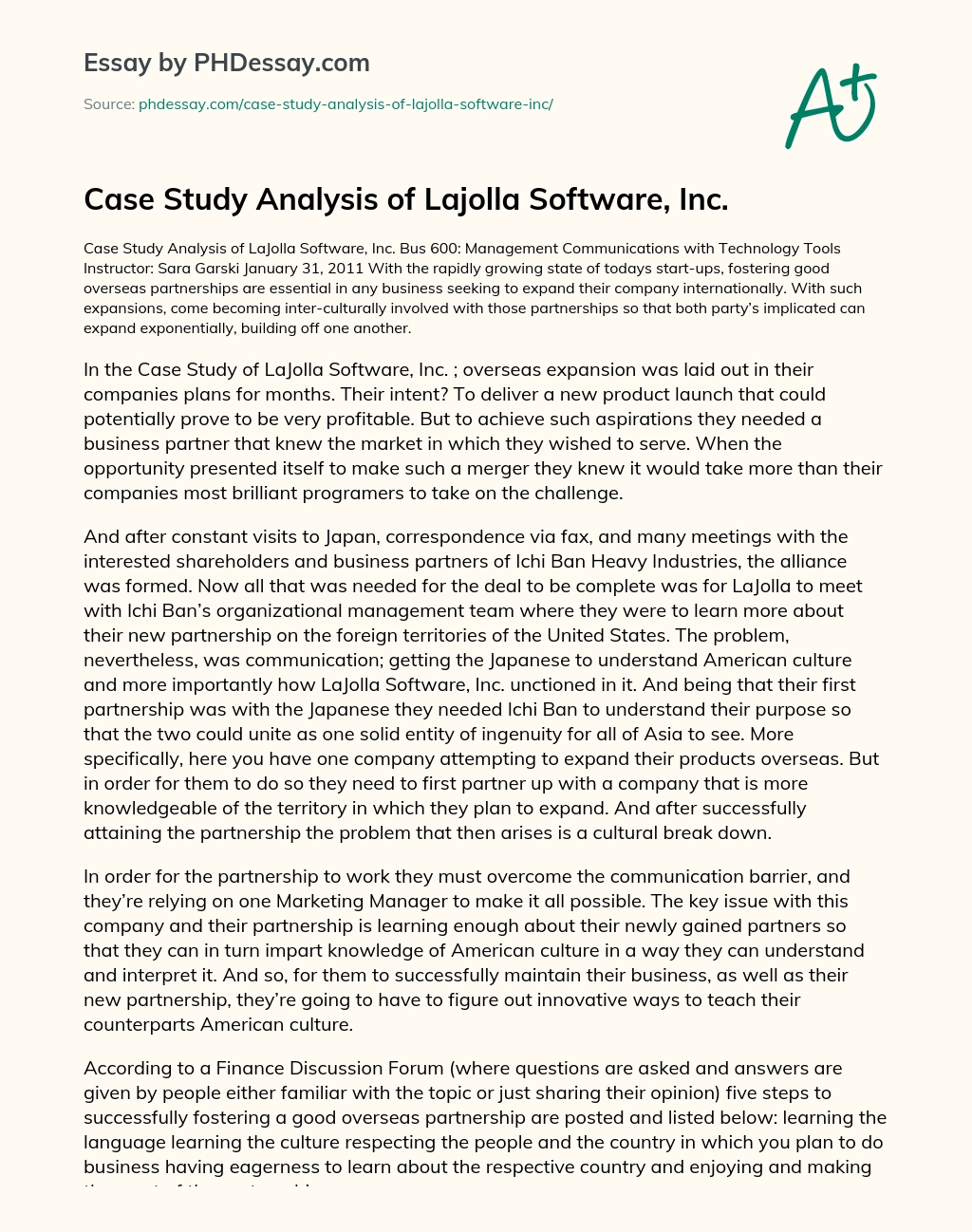 Case Study Analysis of Lajolla Software, Inc. essay