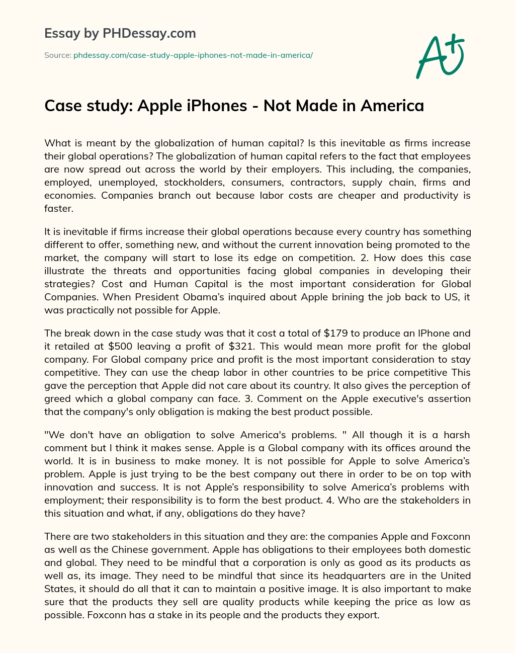 Case study: Apple iPhones – Not Made in America essay