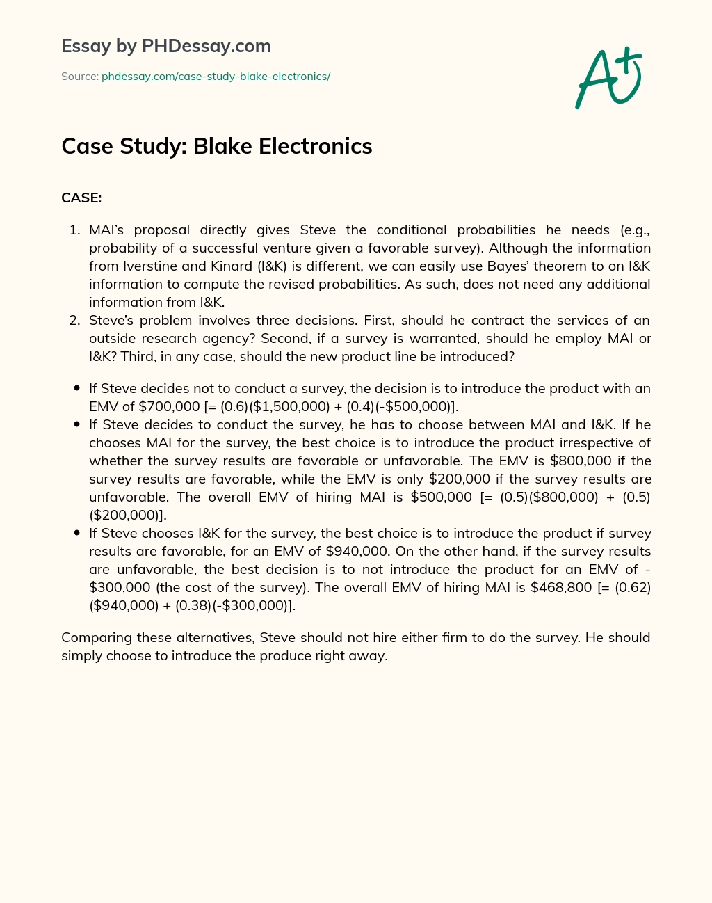 Case Study: Blake Electronics essay