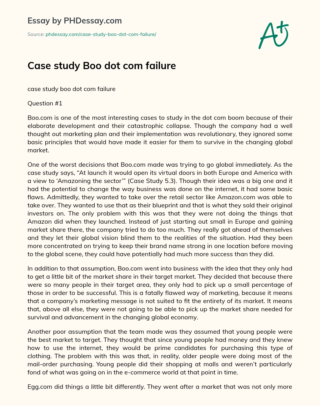 Case study Boo dot com failure essay