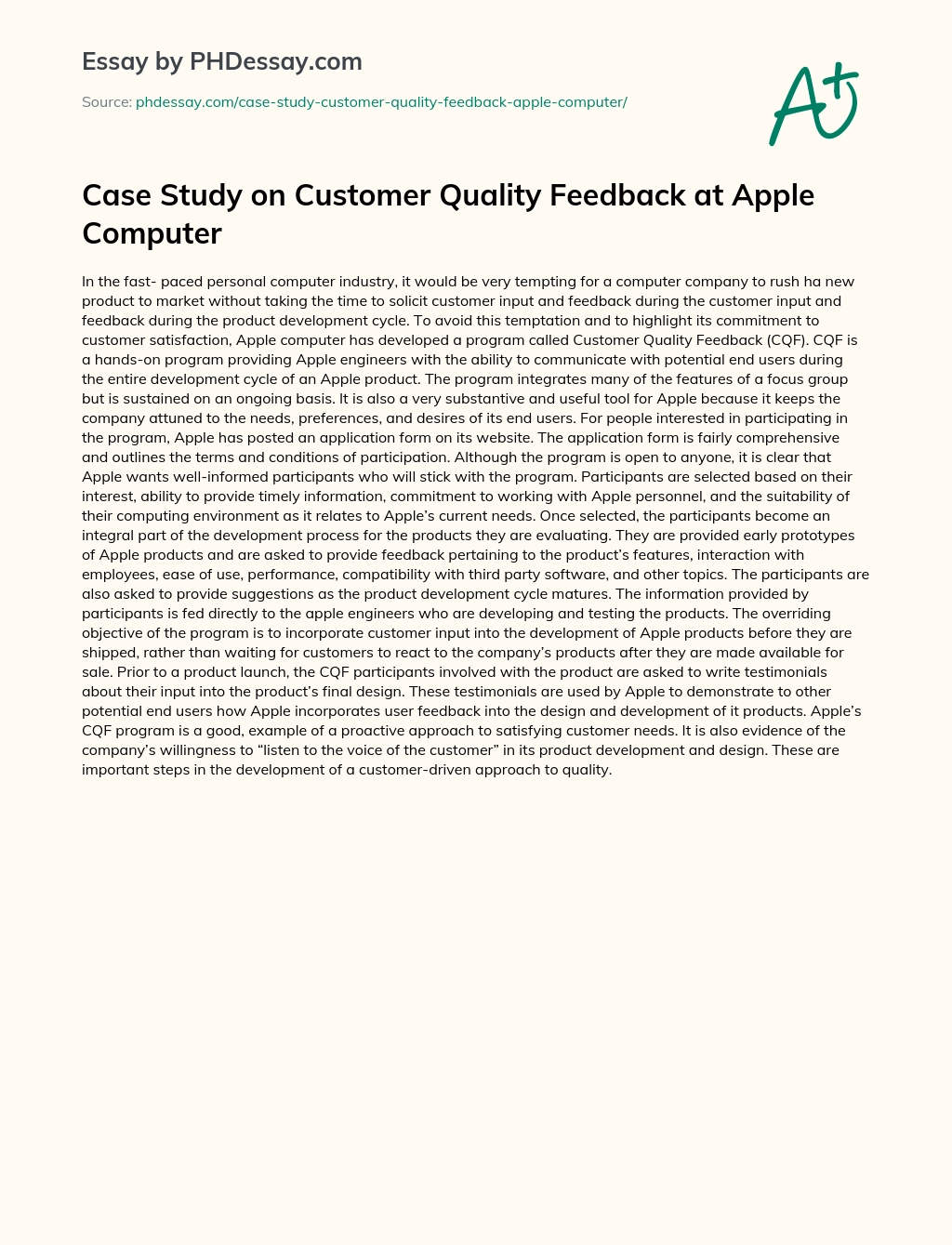 Case Study on Customer Quality Feedback at Apple Computer essay
