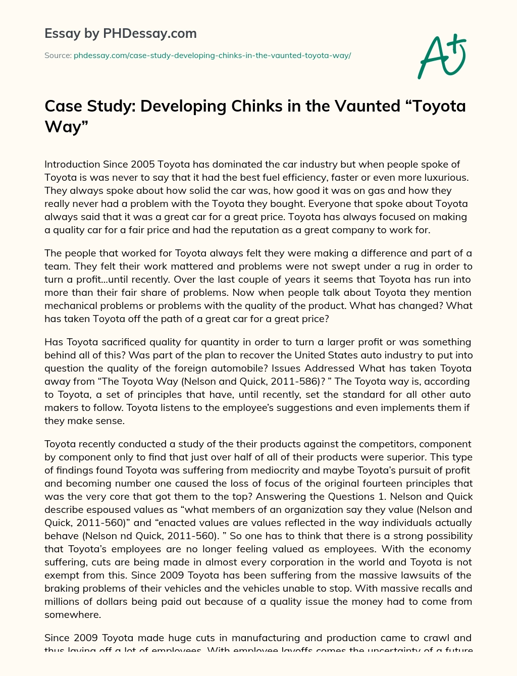 Case Study: Developing Chinks in the Vaunted “Toyota Way” essay