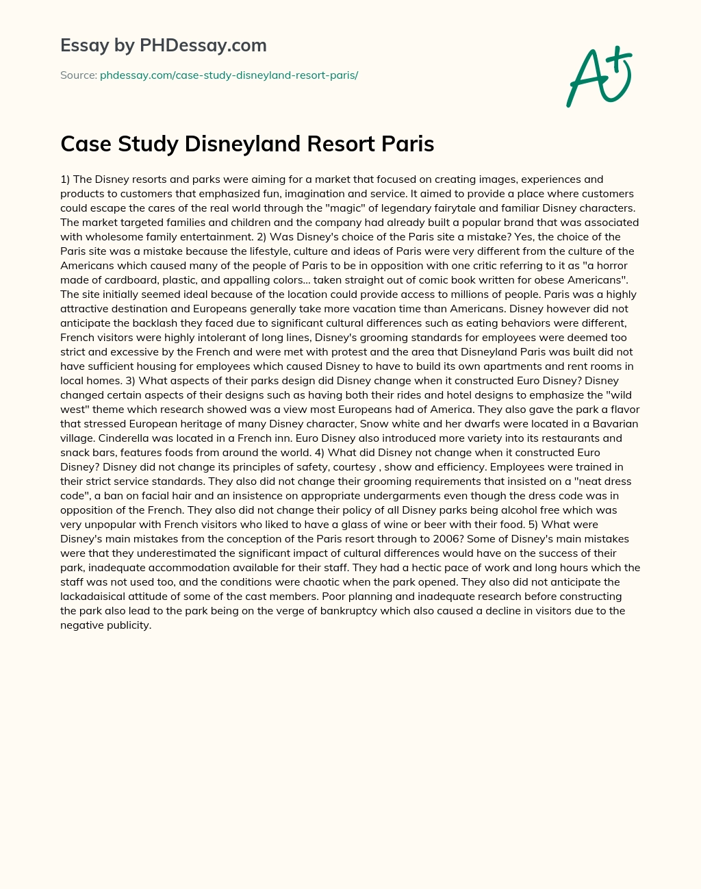Case Study Disneyland Resort Paris essay