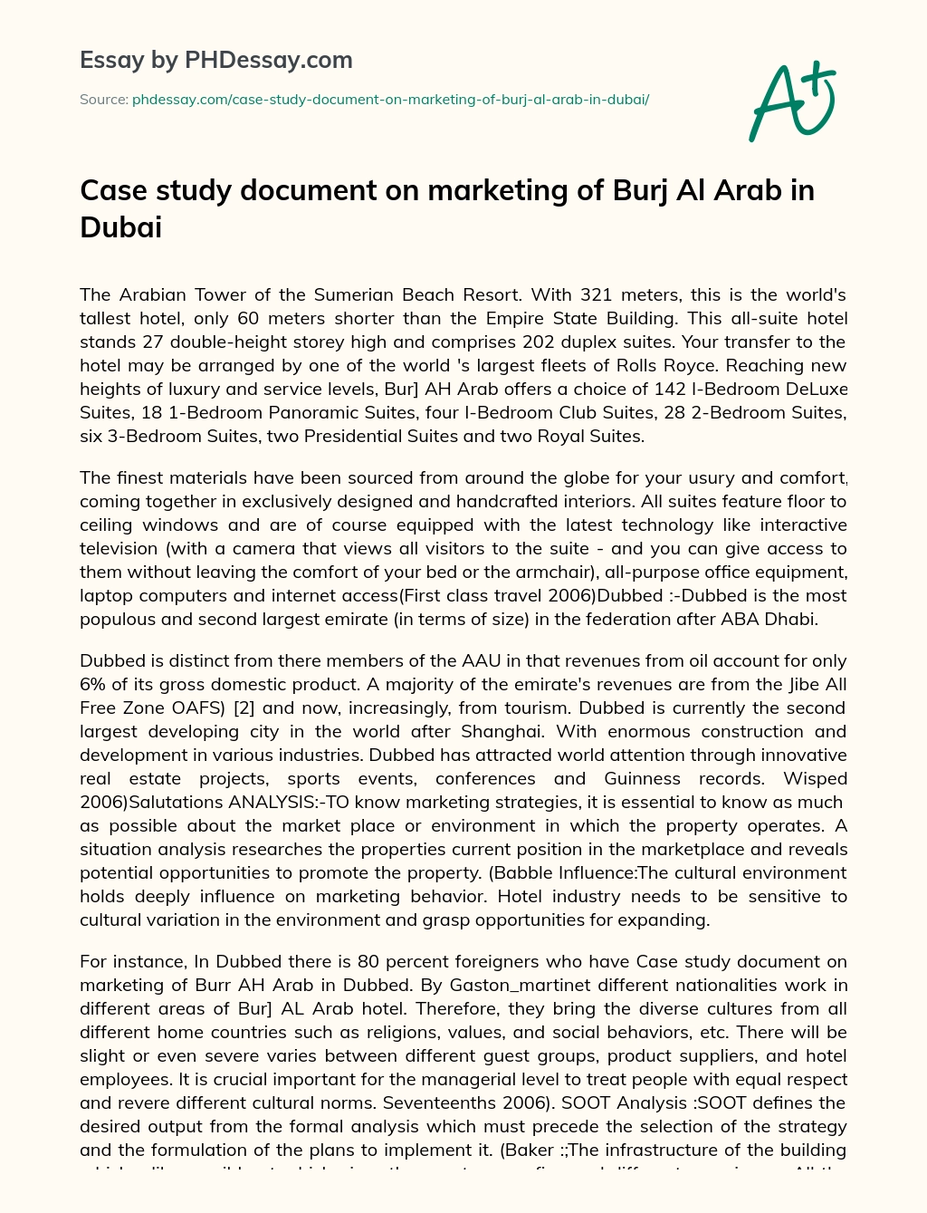 Case study document on marketing of Burj Al Arab in Dubai essay