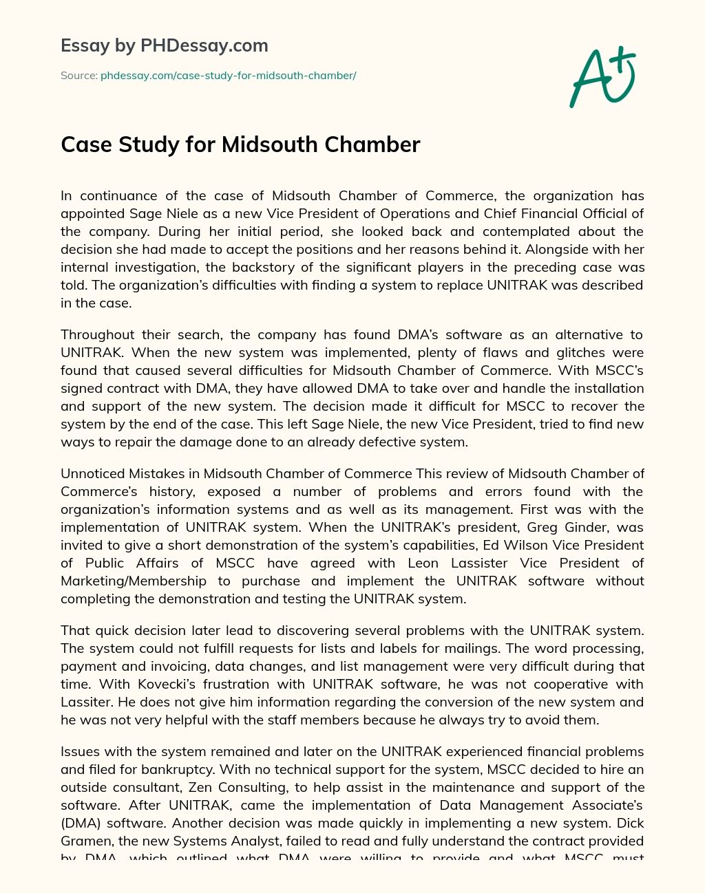 Case Study for Midsouth Chamber essay
