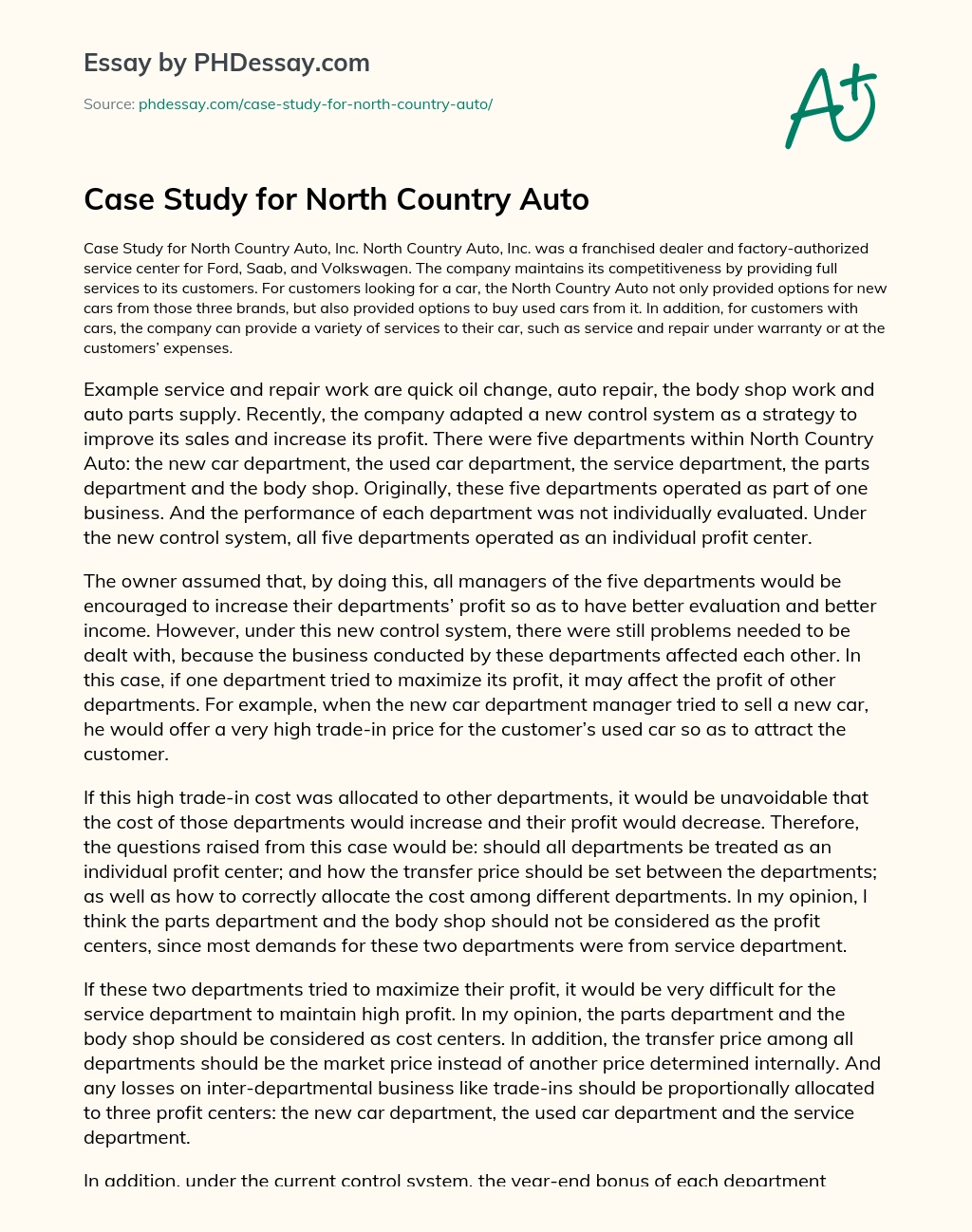 Case Study for North Country Auto essay