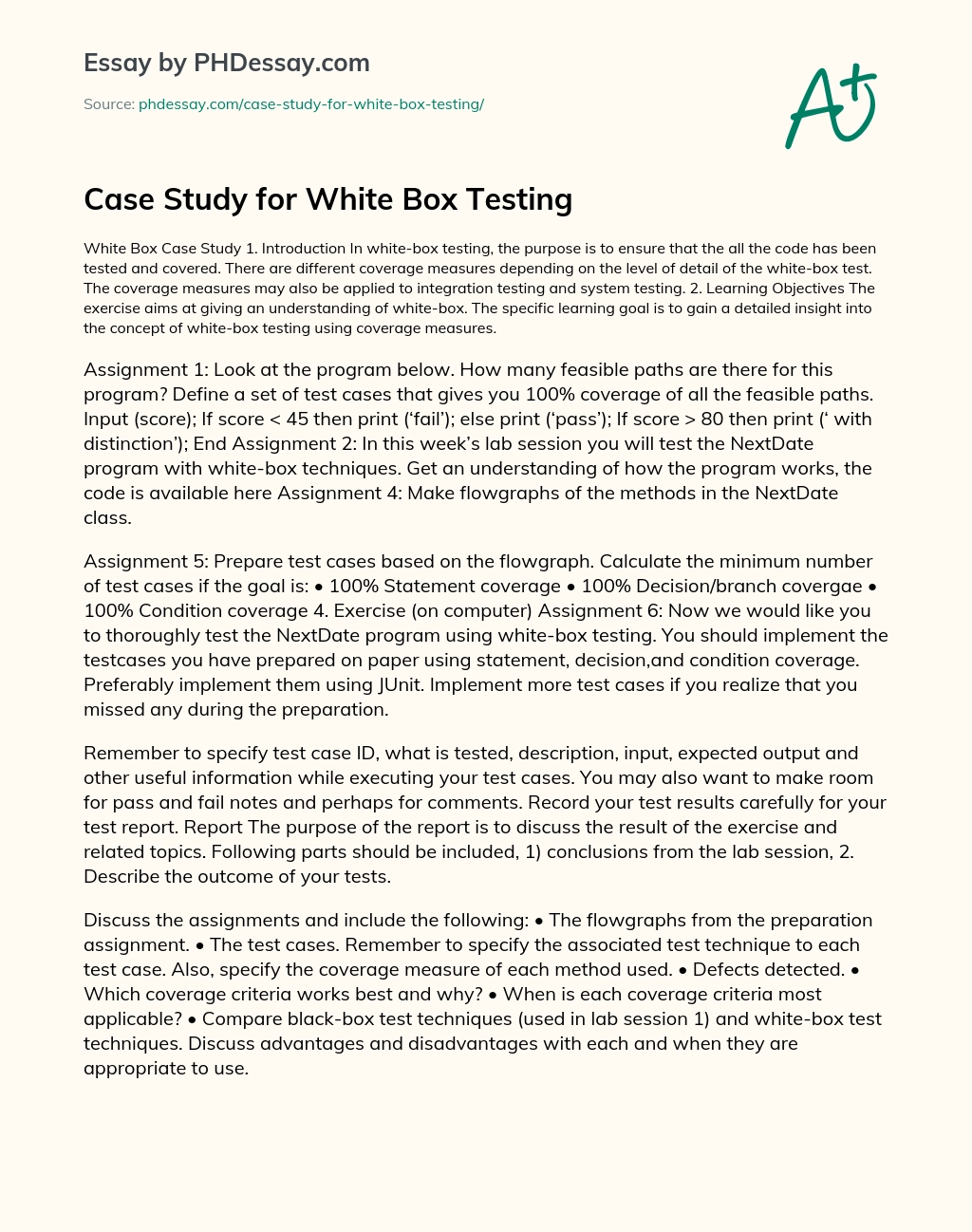 Case Study for White Box Testing essay
