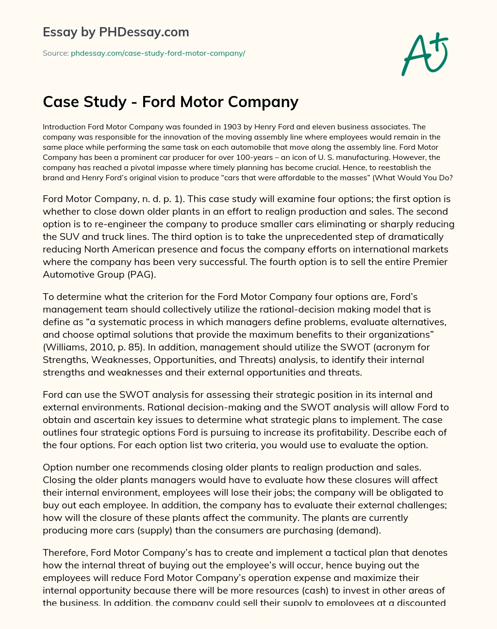 Case Study – Ford Motor Company essay