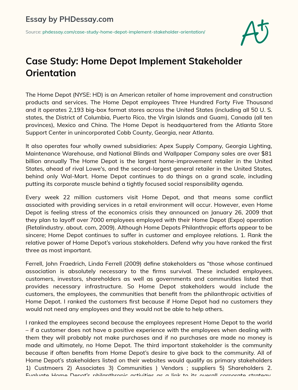 Case Study: Home Depot Implement Stakeholder Orientation essay