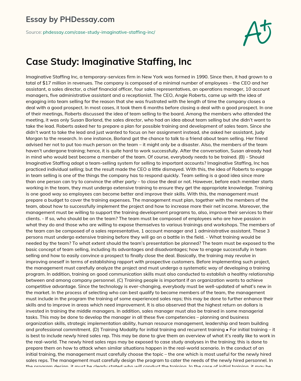 Case Study: Imaginative Staffing, Inc essay