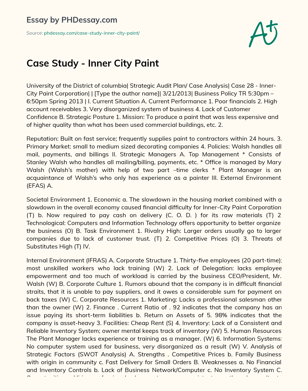 Case Study – Inner City Paint essay