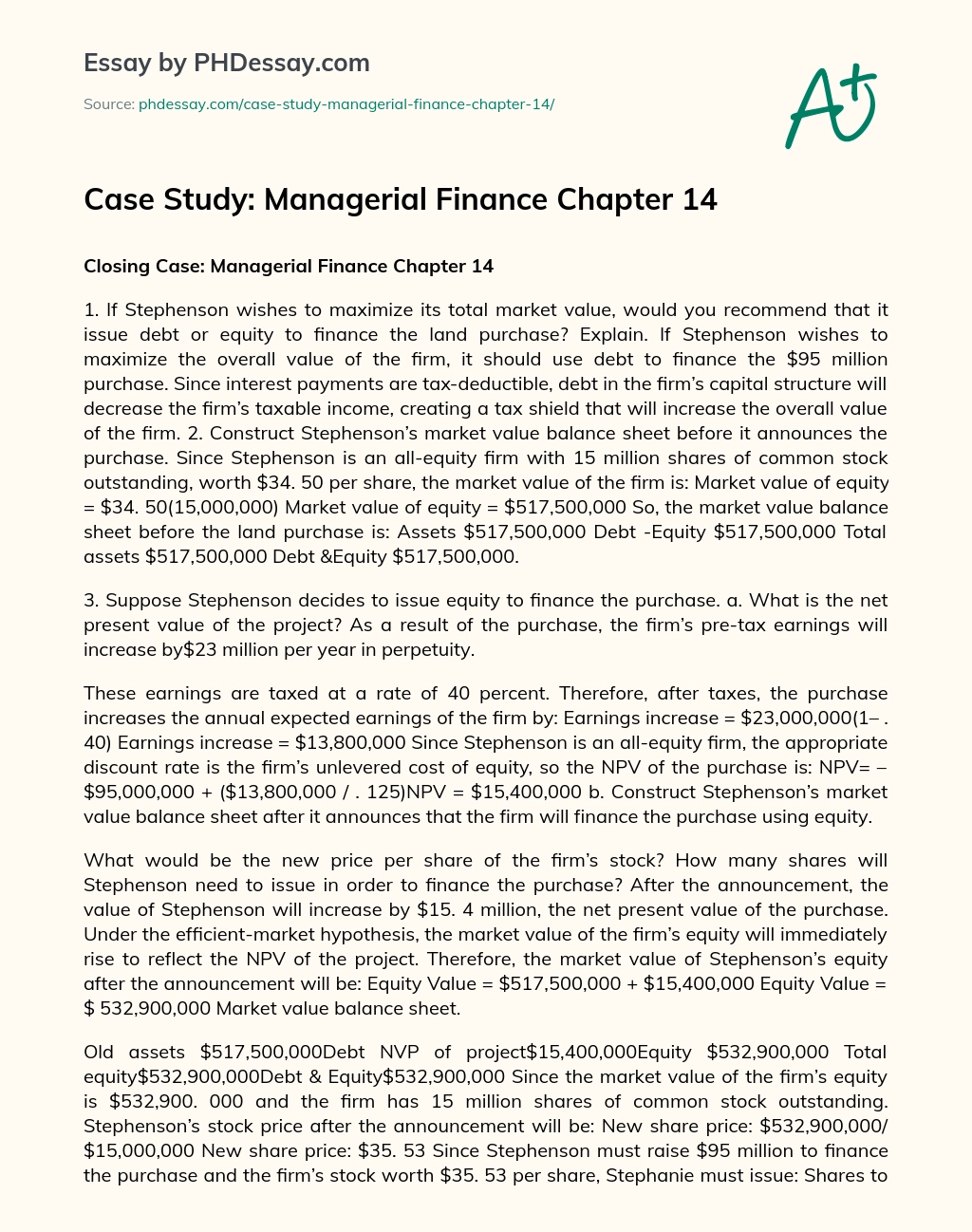 Case Study: Managerial Finance Chapter 14 essay