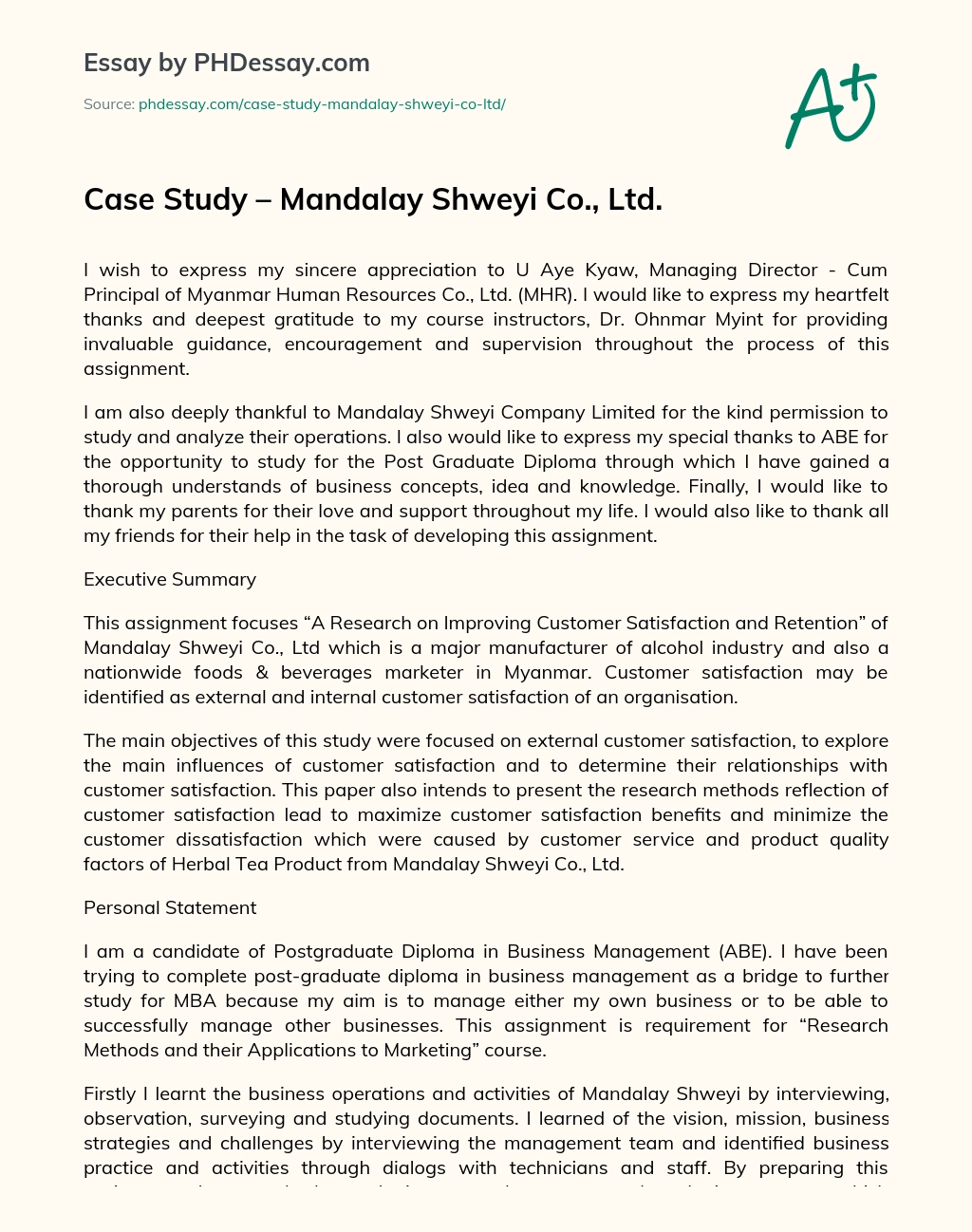 Case Study – Mandalay Shweyi Co., Ltd. essay