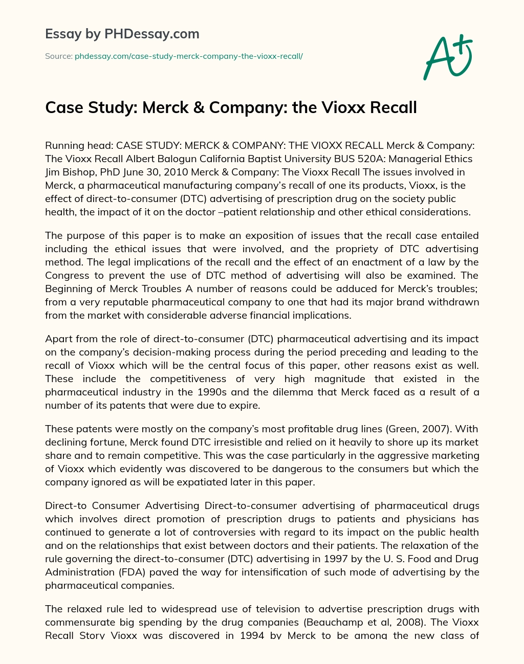 Case Study: Merck & Company: the Vioxx Recall essay