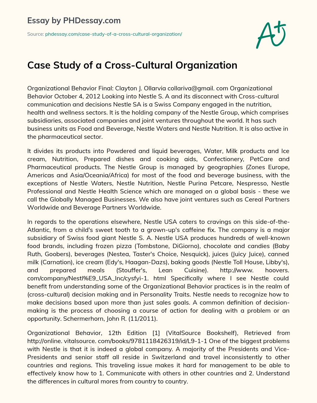 Case Study of a Cross-Cultural Organization essay