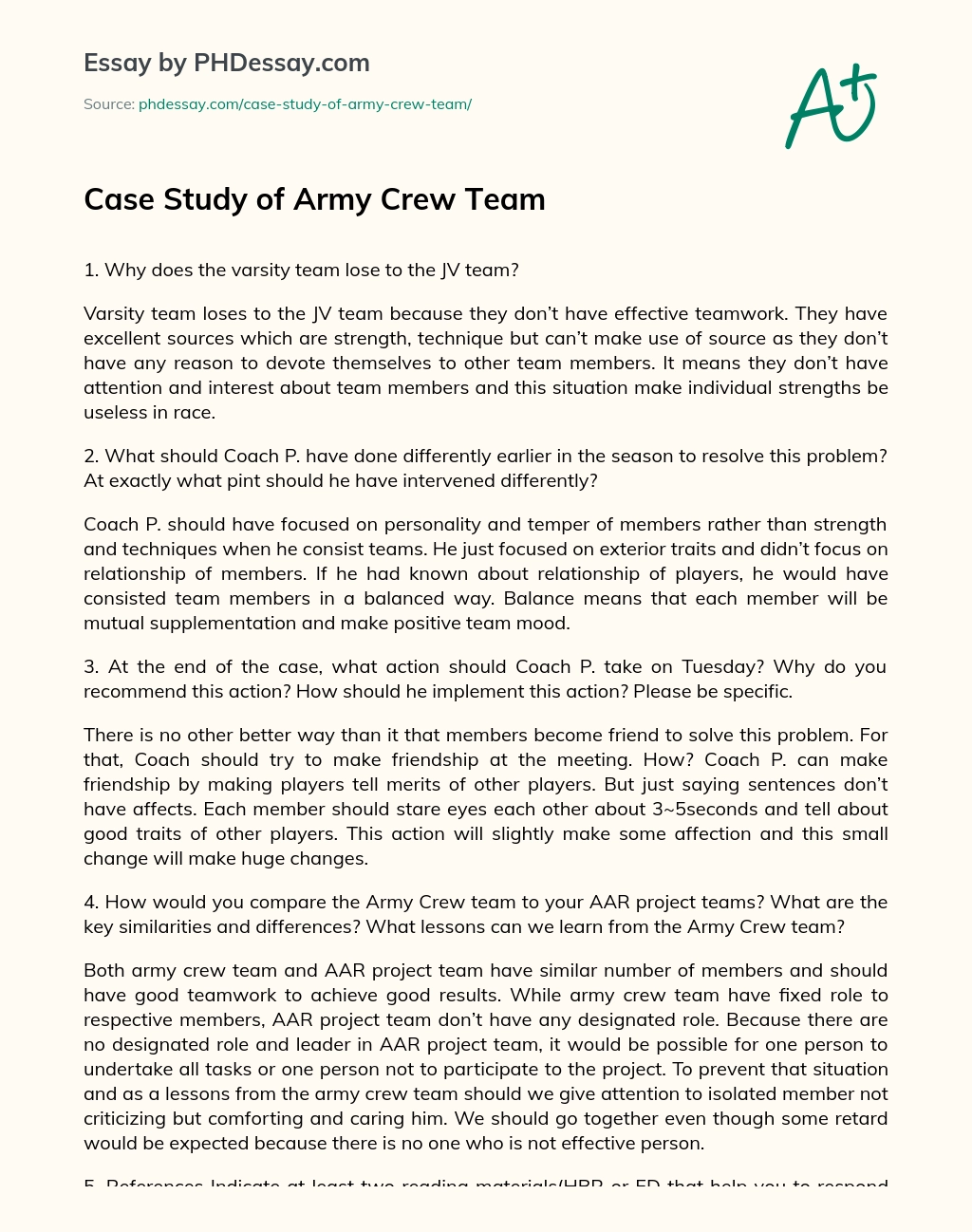 Case Study of Army Crew Team essay