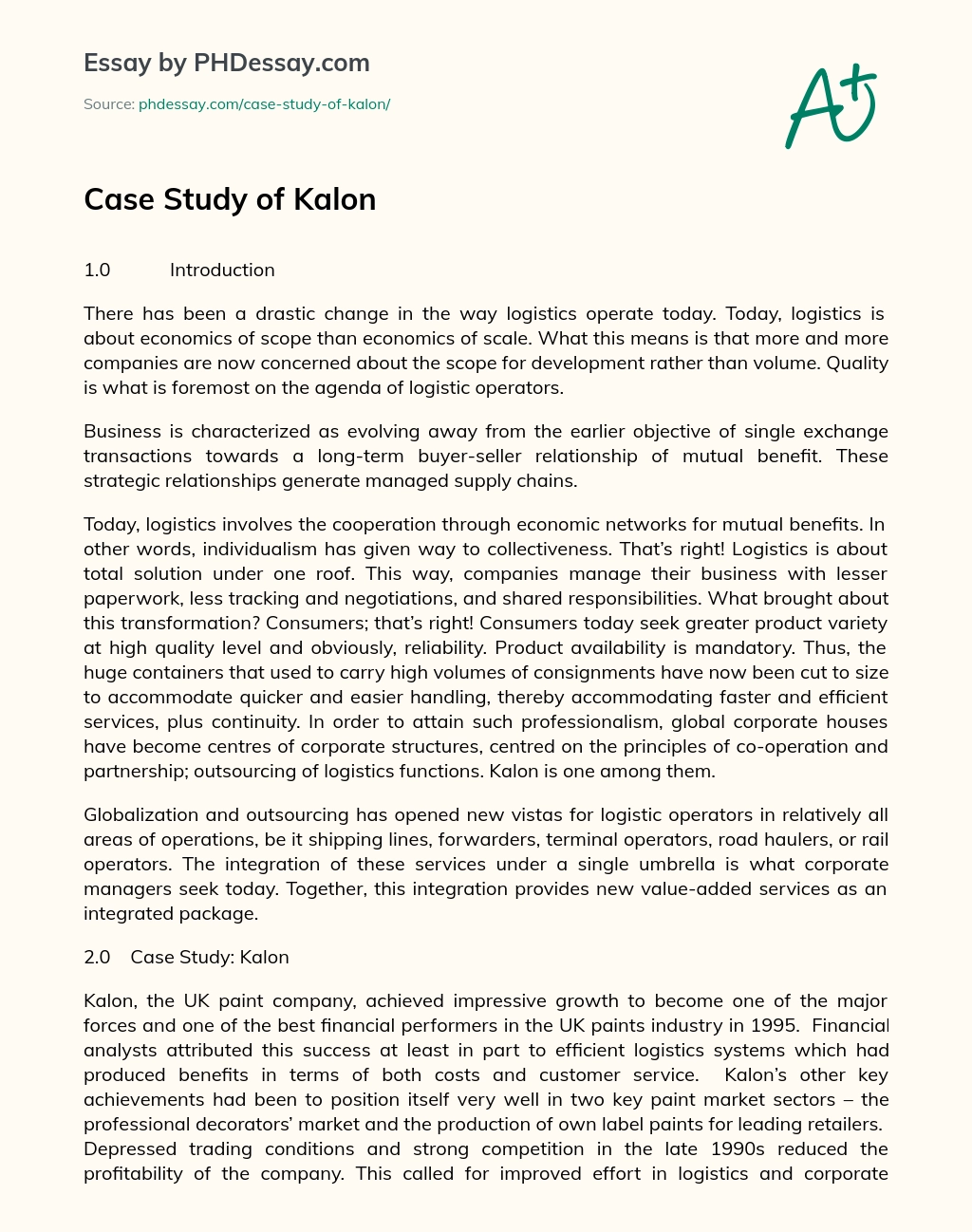Case Study of Kalon essay