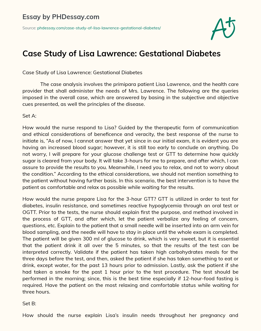 Case study of Lisa Lawrence: gestational diabetes essay