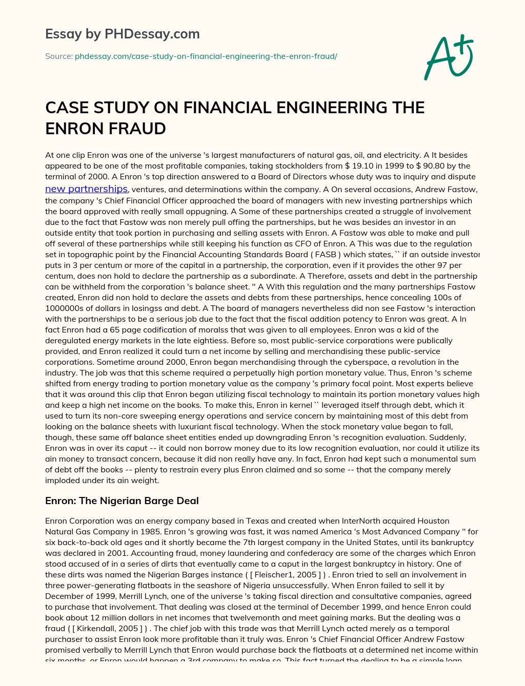 CASE STUDY ON FINANCIAL ENGINEERING THE ENRON FRAUD essay