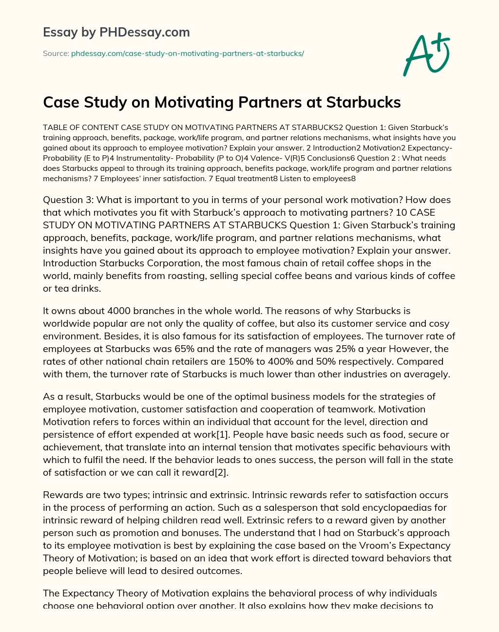 Case Study on Motivating Partners at Starbucks essay