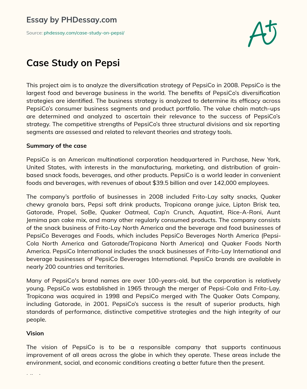 Case Study on Pepsi essay