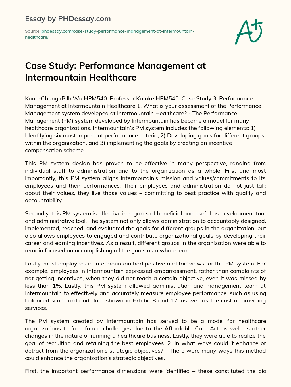 Case Study: Performance Management at Intermountain Healthcare essay