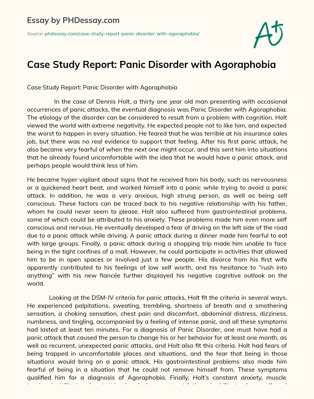 Case Study Report: Panic Disorder with Agoraphobia essay