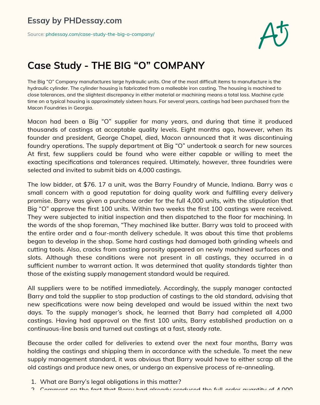 Case Study – THE BIG “O” COMPANY essay