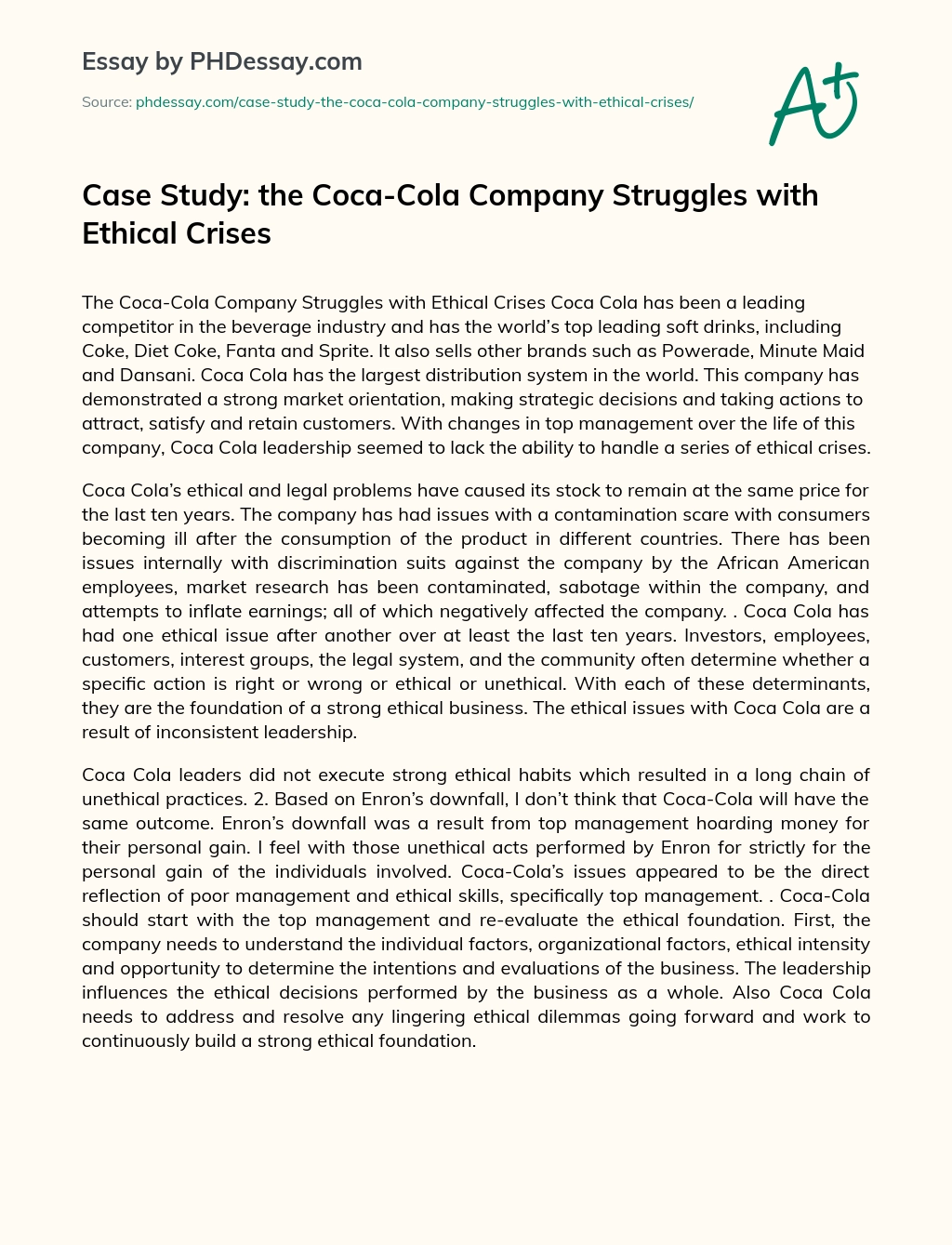 Case Study: the Coca-Cola Company Struggles with Ethical Crises essay