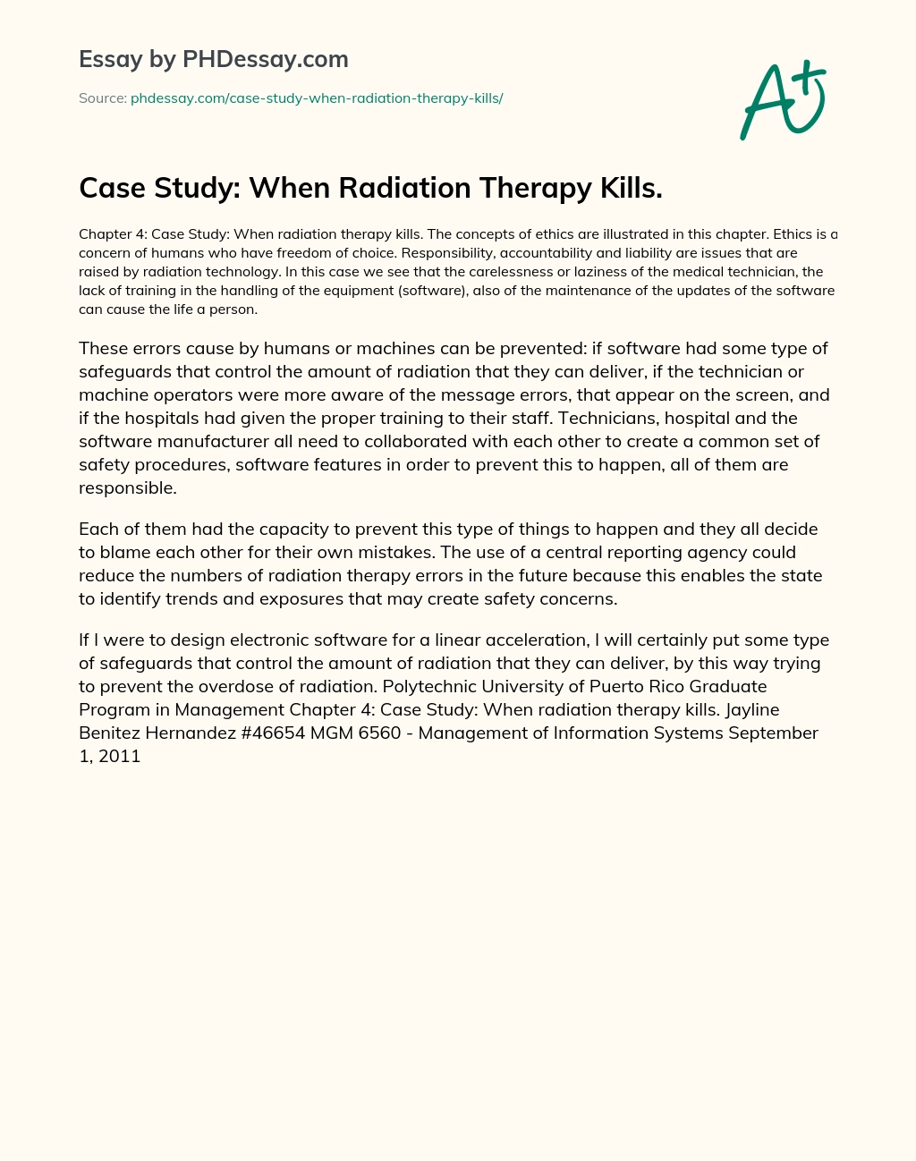 Case Study: When Radiation Therapy Kills. essay