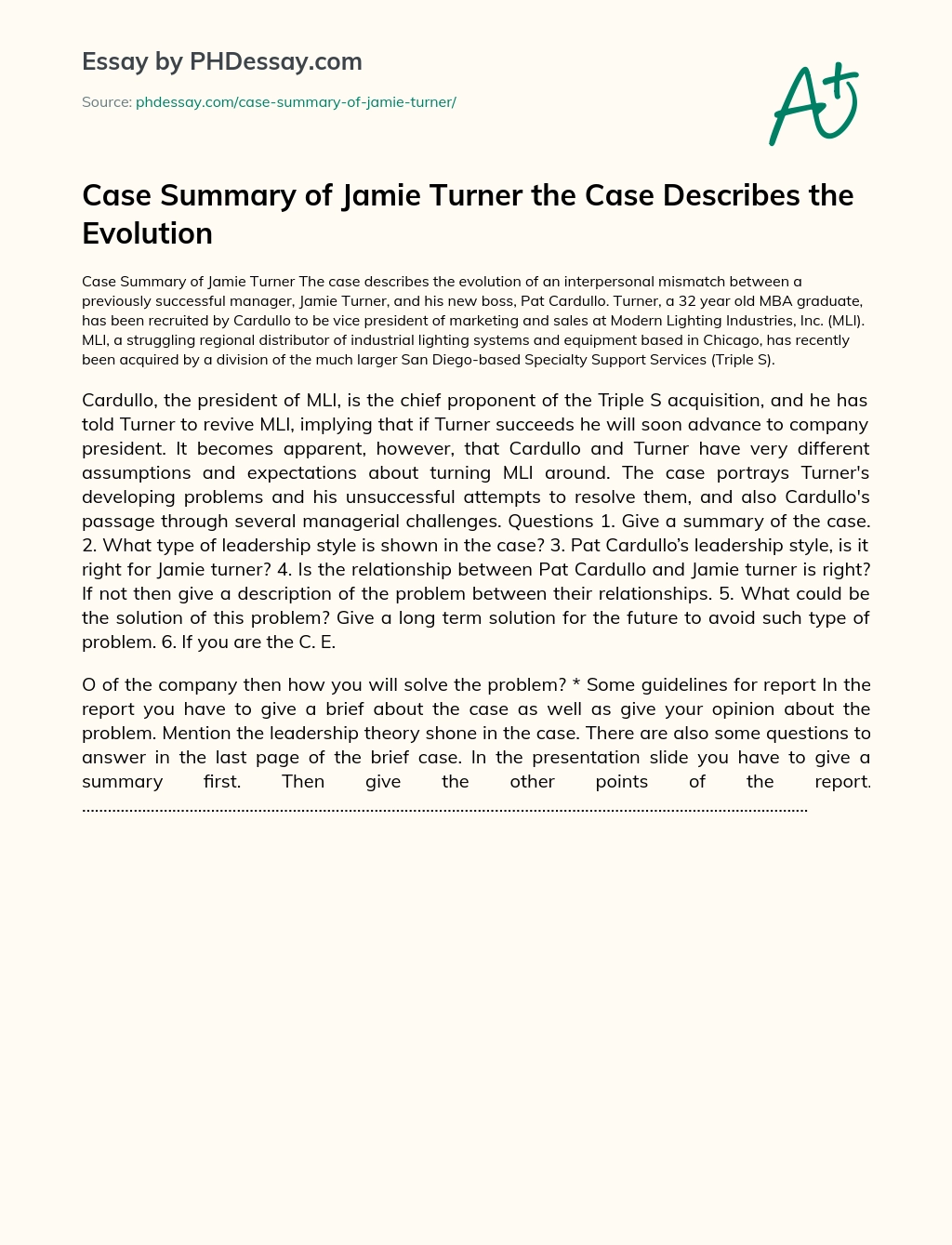 Case Summary of Jamie Turner the Case Describes the Evolution essay