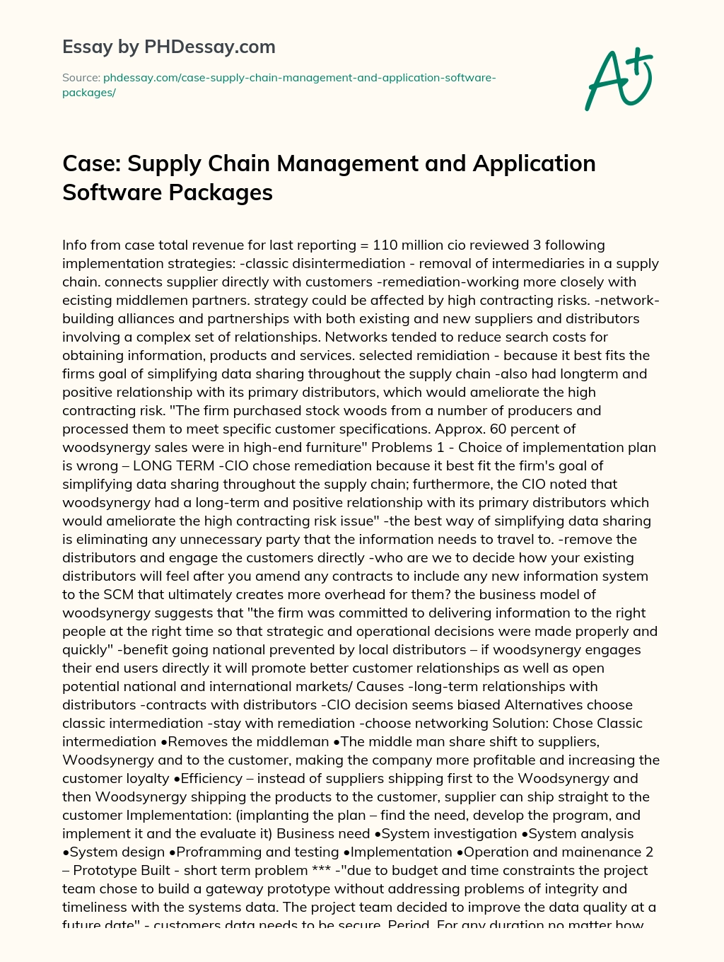 Case: Supply Chain Management and Application Software Packages essay