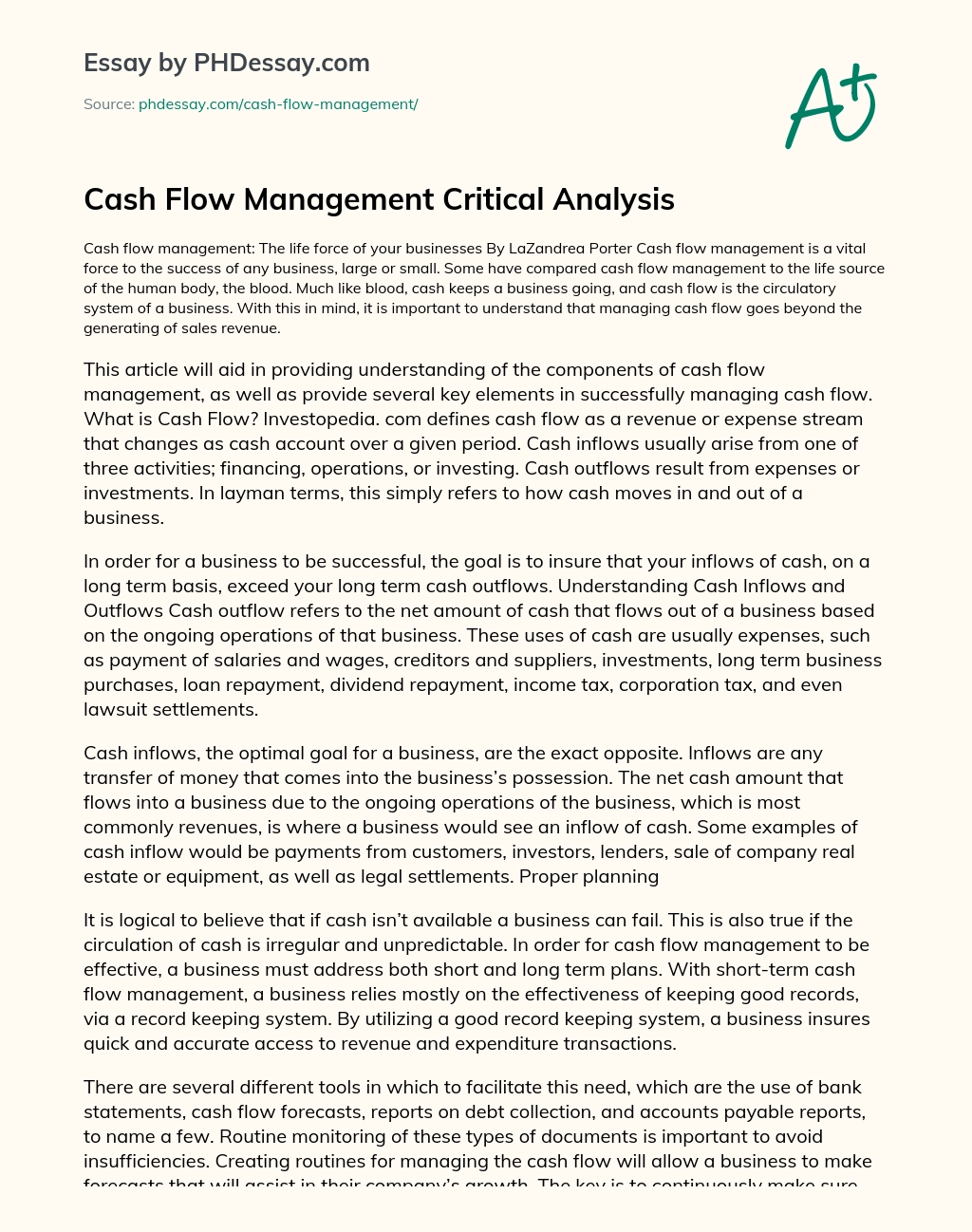 Cash Flow Management Critical Analysis essay