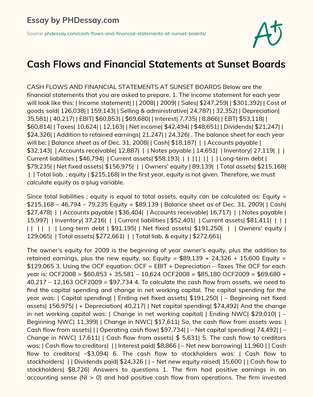 Cash Flows and Financial Statements at Sunset Boards essay
