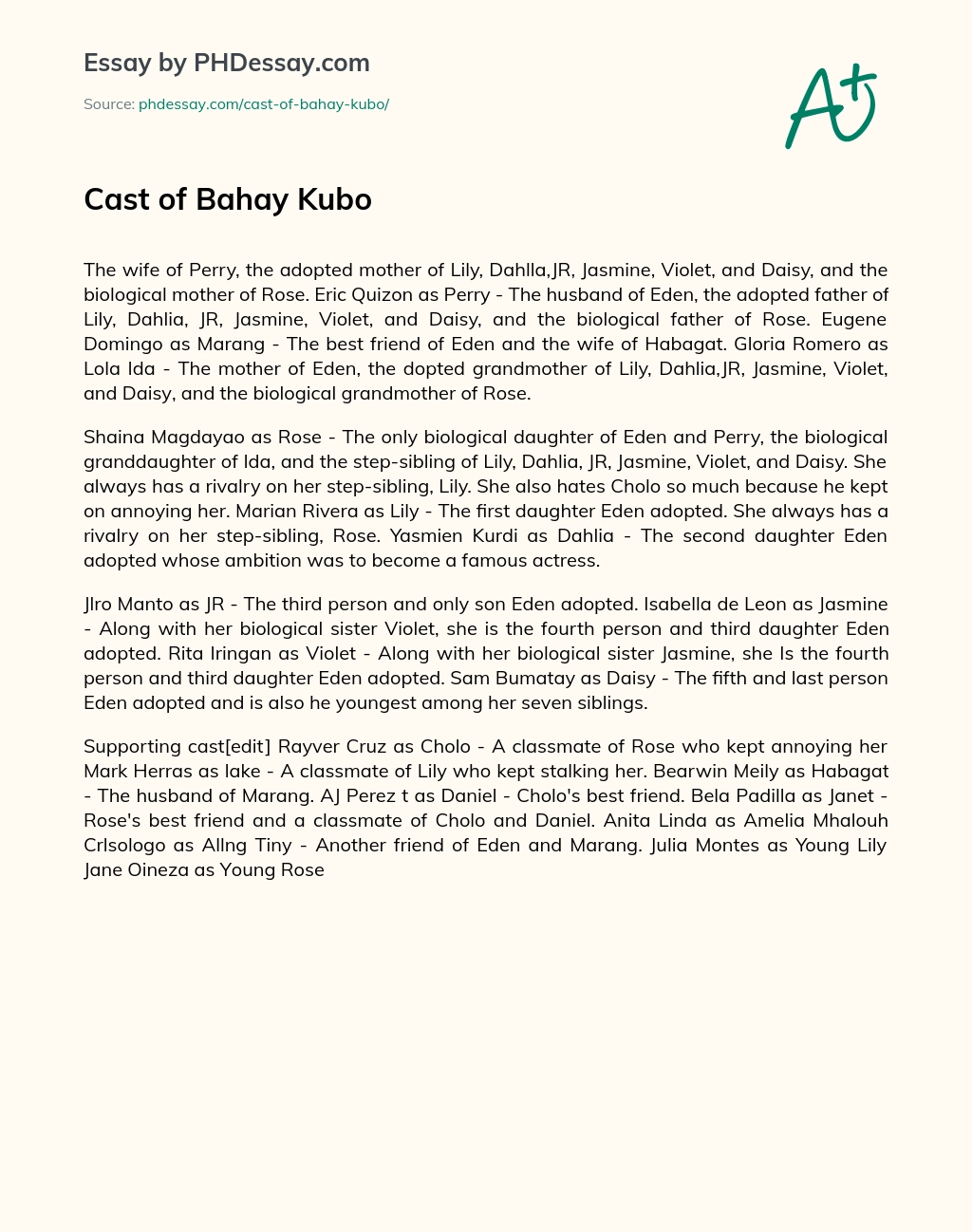 Cast of Bahay Kubo essay