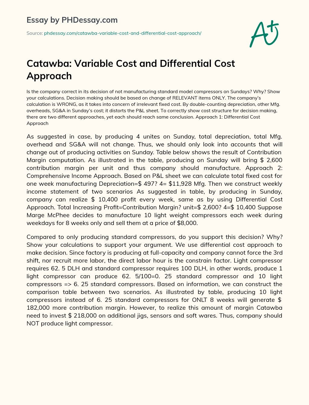 Catawba: Variable Cost and Differential Cost Approach essay