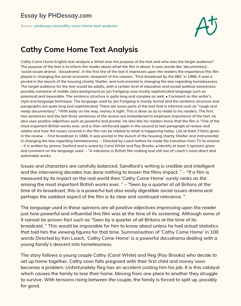 Cathy Come Home Text Analysis essay