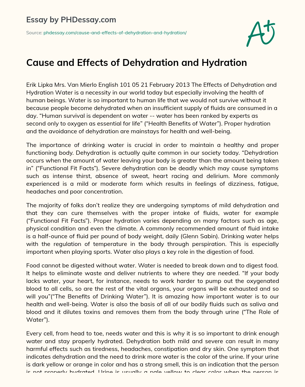 Cause and Effects of Dehydration and Hydration essay