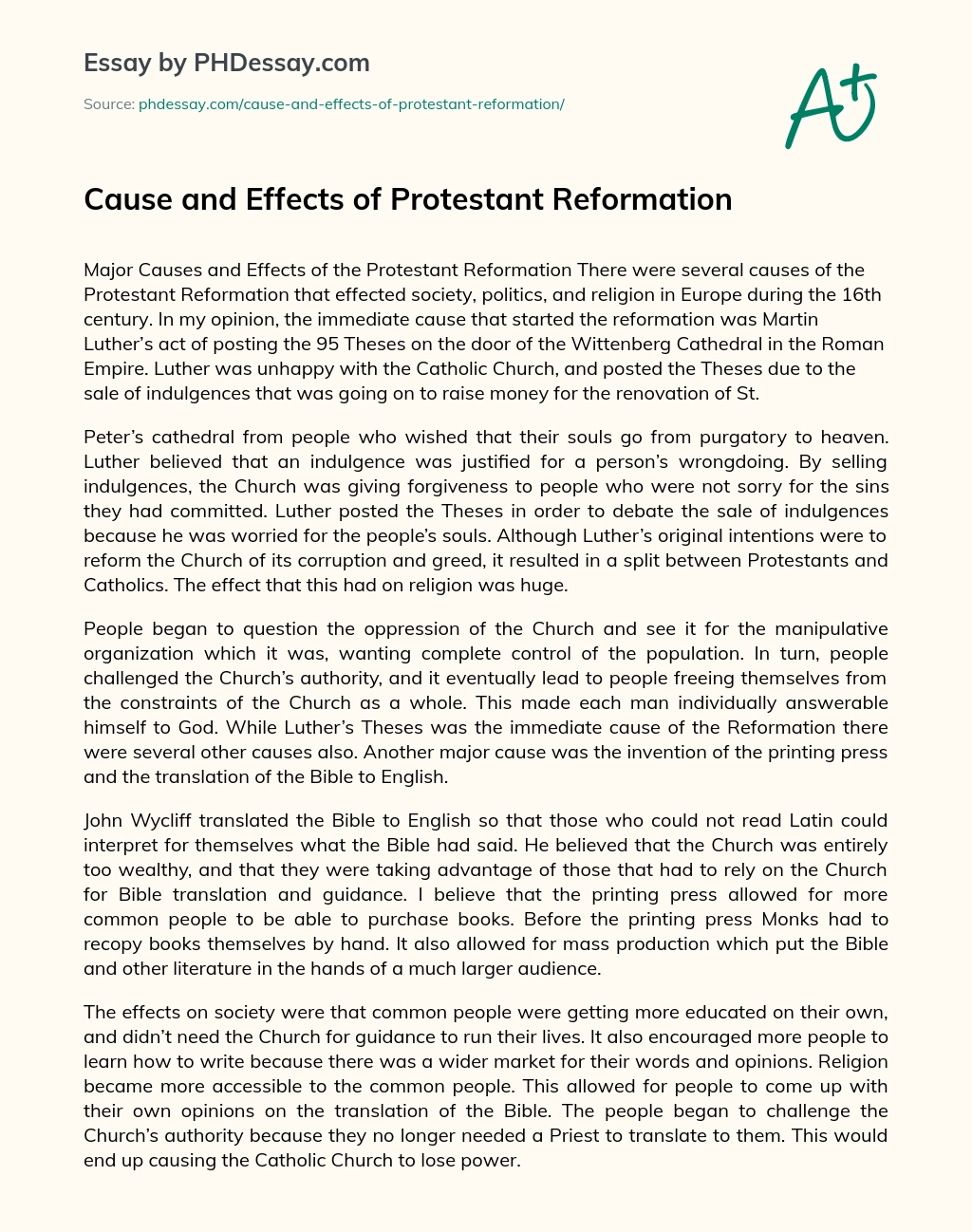 Cause and Effects of Protestant Reformation essay
